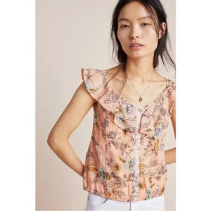 Anthropologie Peach Floral Ruffle-Sleeve Button Front Top
